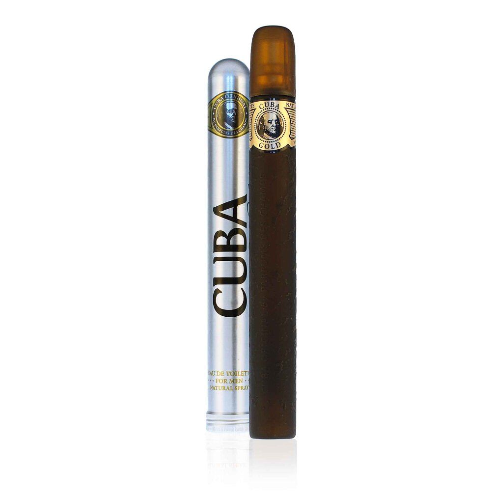 Flacone di profumo a forma di sigaro e custodia argentata. Scritta "CUBA GOLD" e "PARIS".