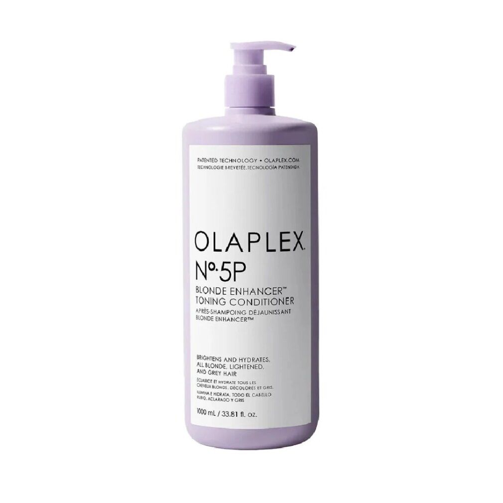 Olaplex N°5P Balsamo in flacone lavanda con erogatore a pompa.
