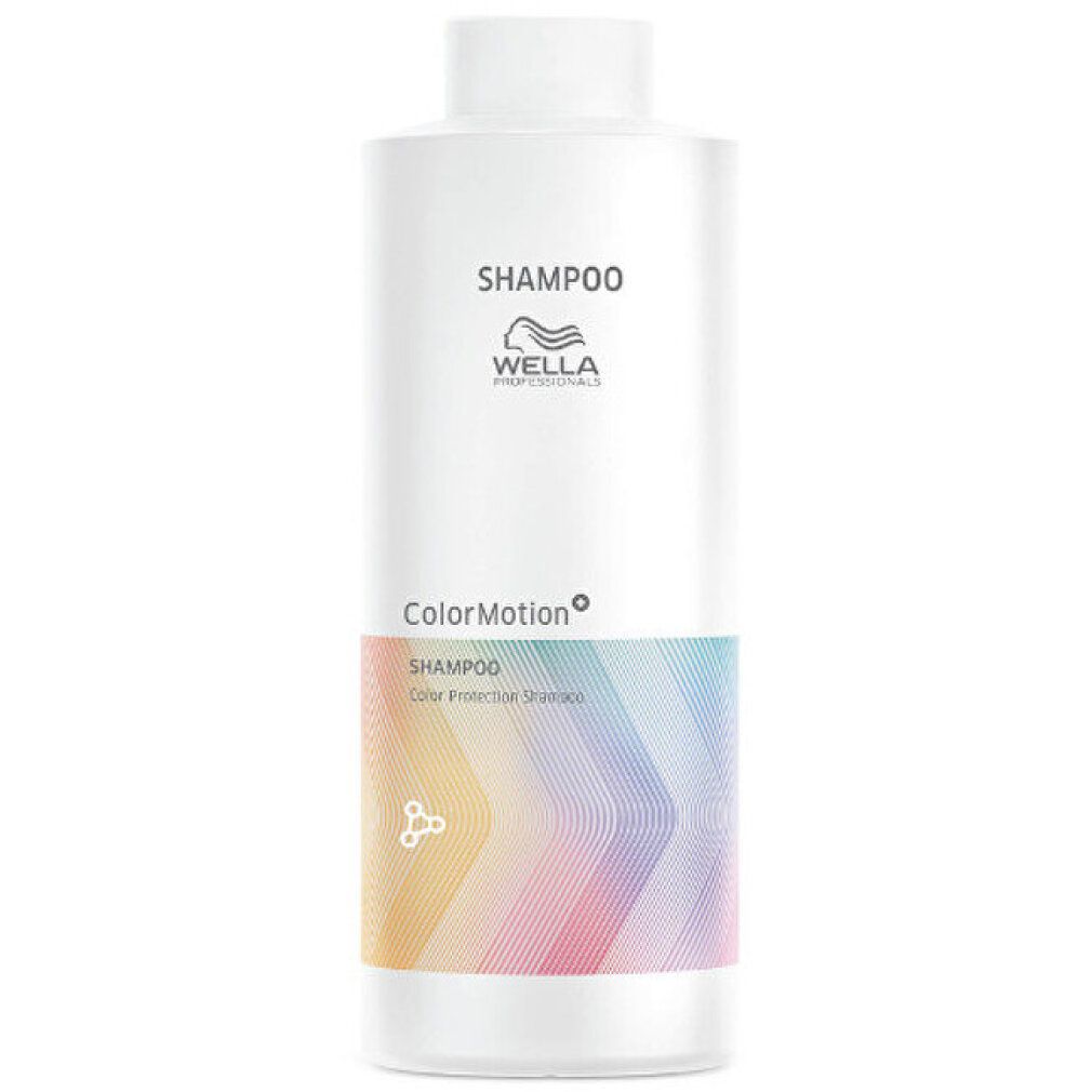 Flacone Wella Color Motion+ Shampoo, 1L. Contenitore bianco con etichetta colorata.