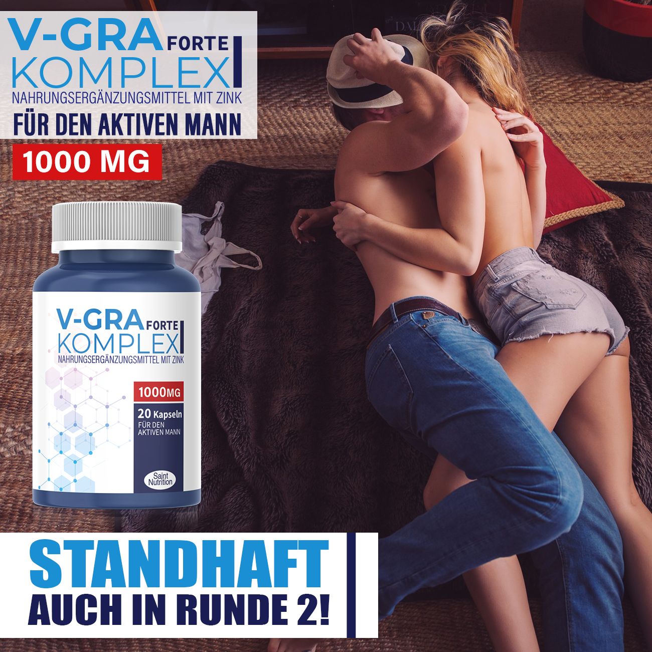 Flacone del prodotto accanto a una coppia. Testo: V-GRA Forte Komplex, 1000mg, 20 capsule. Testo aggiuntivo: Resistente anche al secondo round!