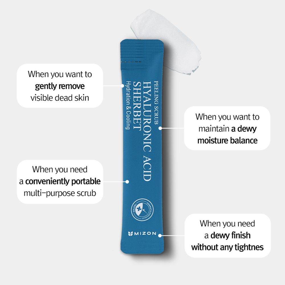 Bustina singola MIZON Hyaluronic Acid Sherbet Peeling Scrub. Nome del prodotto e aree di applicazione sono elencati.