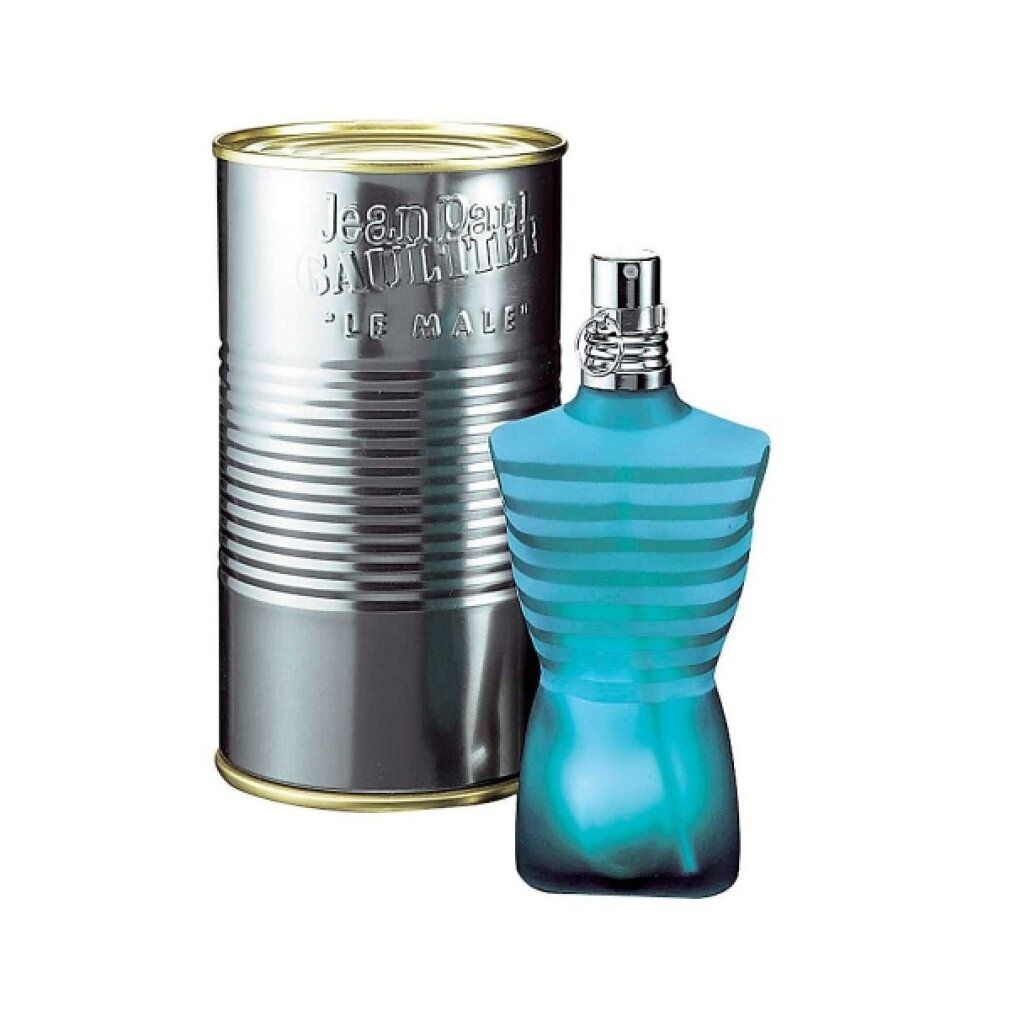 Flacone blu-verde a forma di torso e scatola argentata. Scritta: Jean Paul Gaultier Le Male.