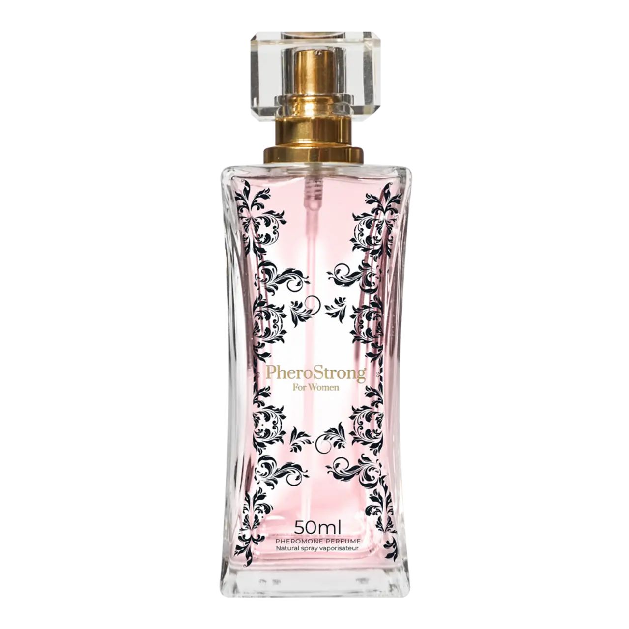 Flacone di profumo con liquido rosa, motivi neri e chiusura dorata. Nome del prodotto e indicazione del volume sul flacone.