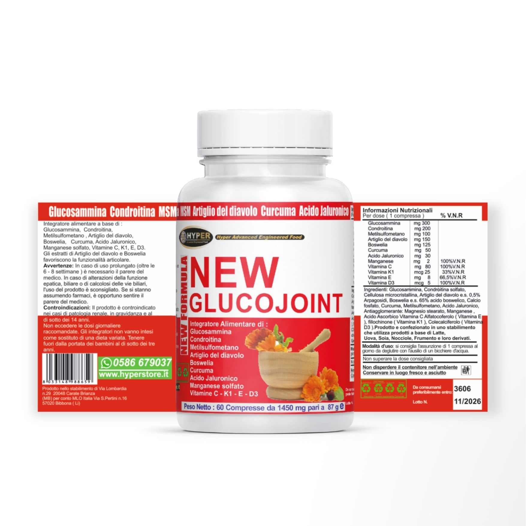 Flacone bianco con etichetta. Testo: NEW GLUCOJOINT. Etichetta aggiuntiva con informazioni nutrizionali e contatti.