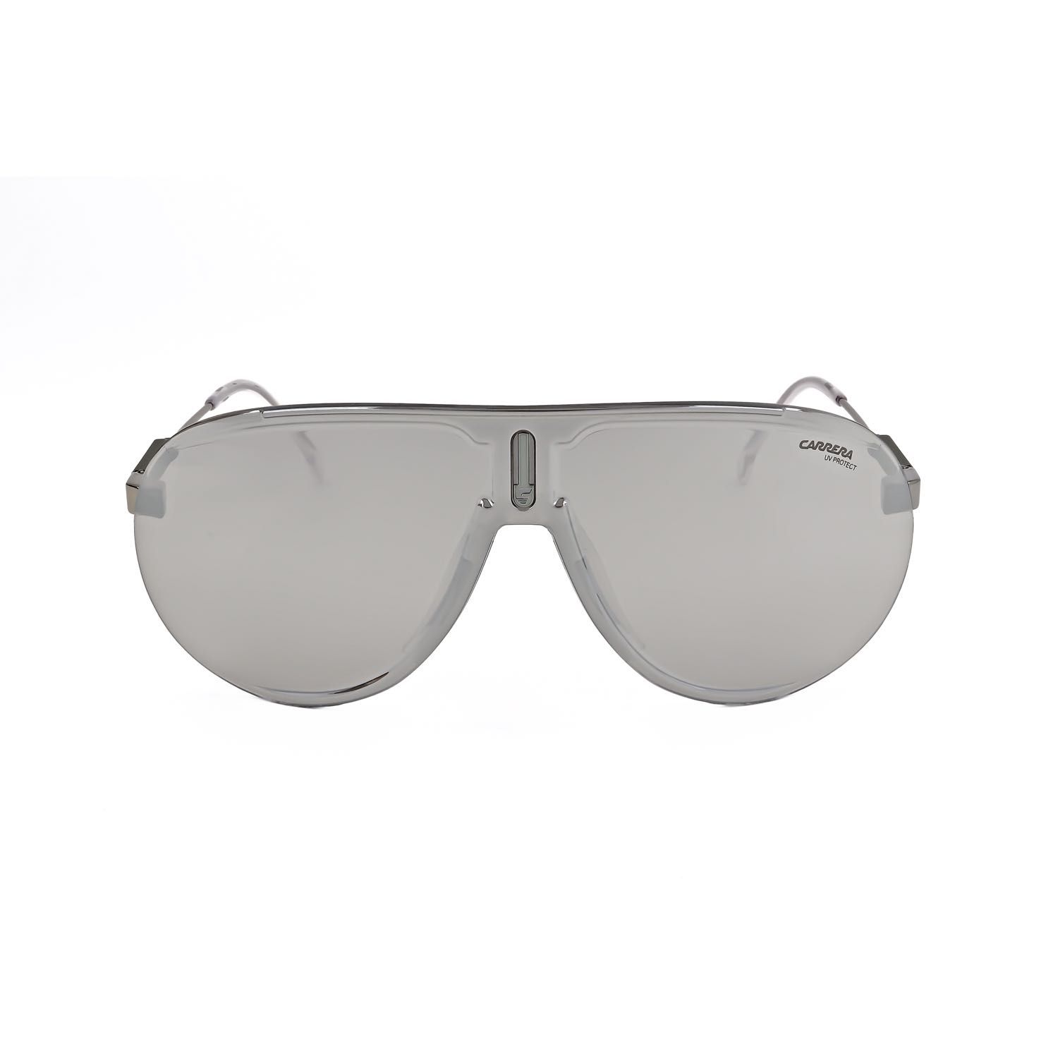 Occhiali da sole blu cat-eye con lenti sfumate e logo dorato.