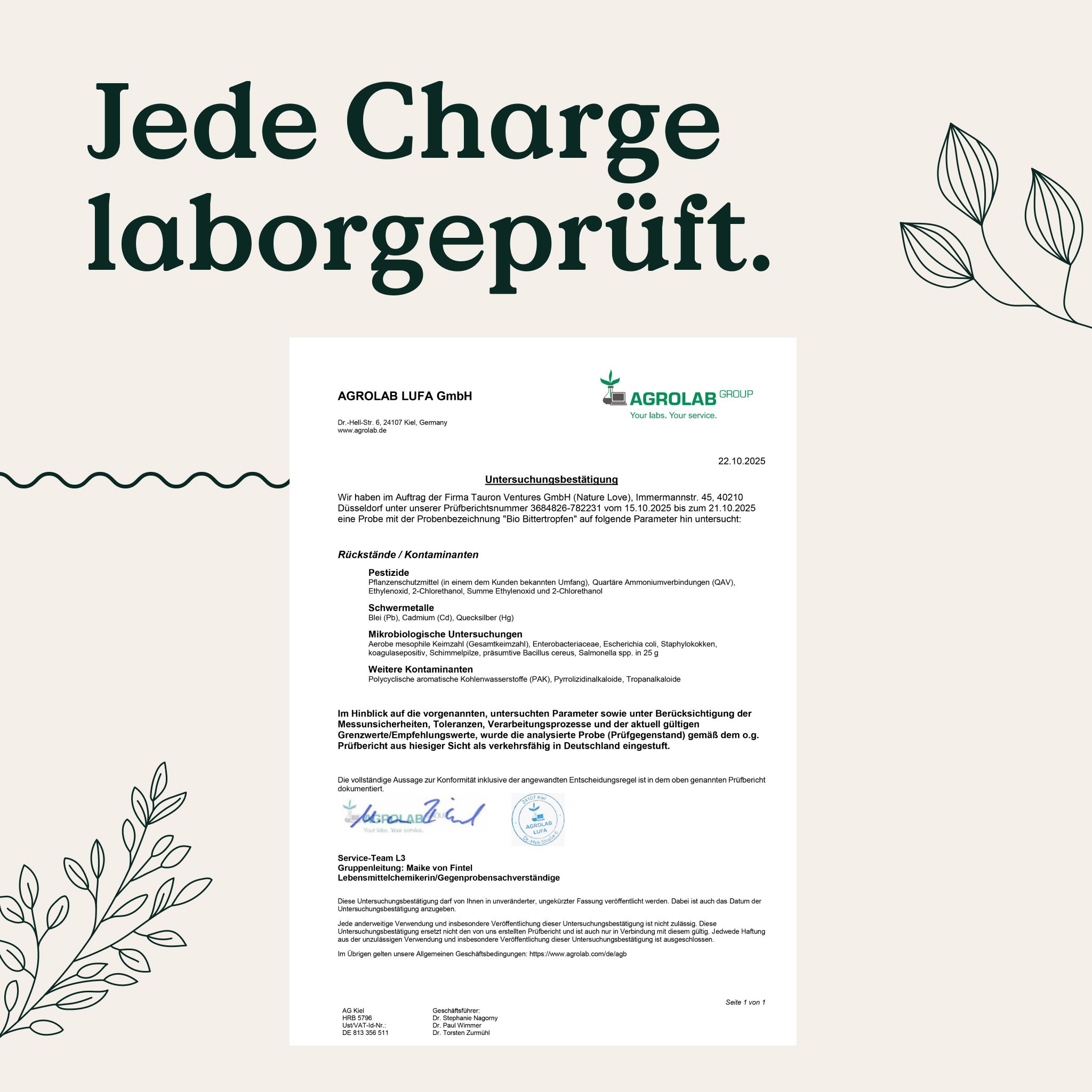 Rapporto di laboratorio per NATURE LOVE Bio Bittertropfen: Analisi di AGROLAB LUFA GmbH.