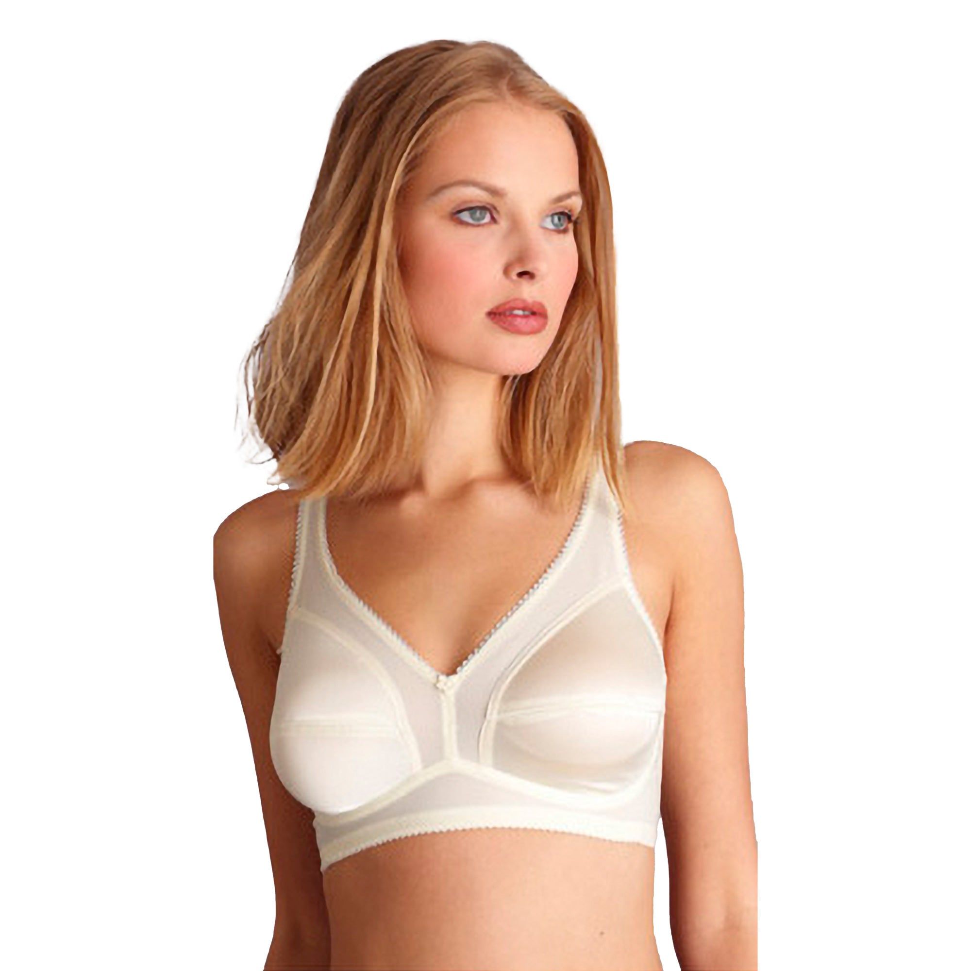 Reggiseno beige a sostegno elevato, coppa C. Aspetto satinato, spalline larghe, bordi in pizzo. Indossato.