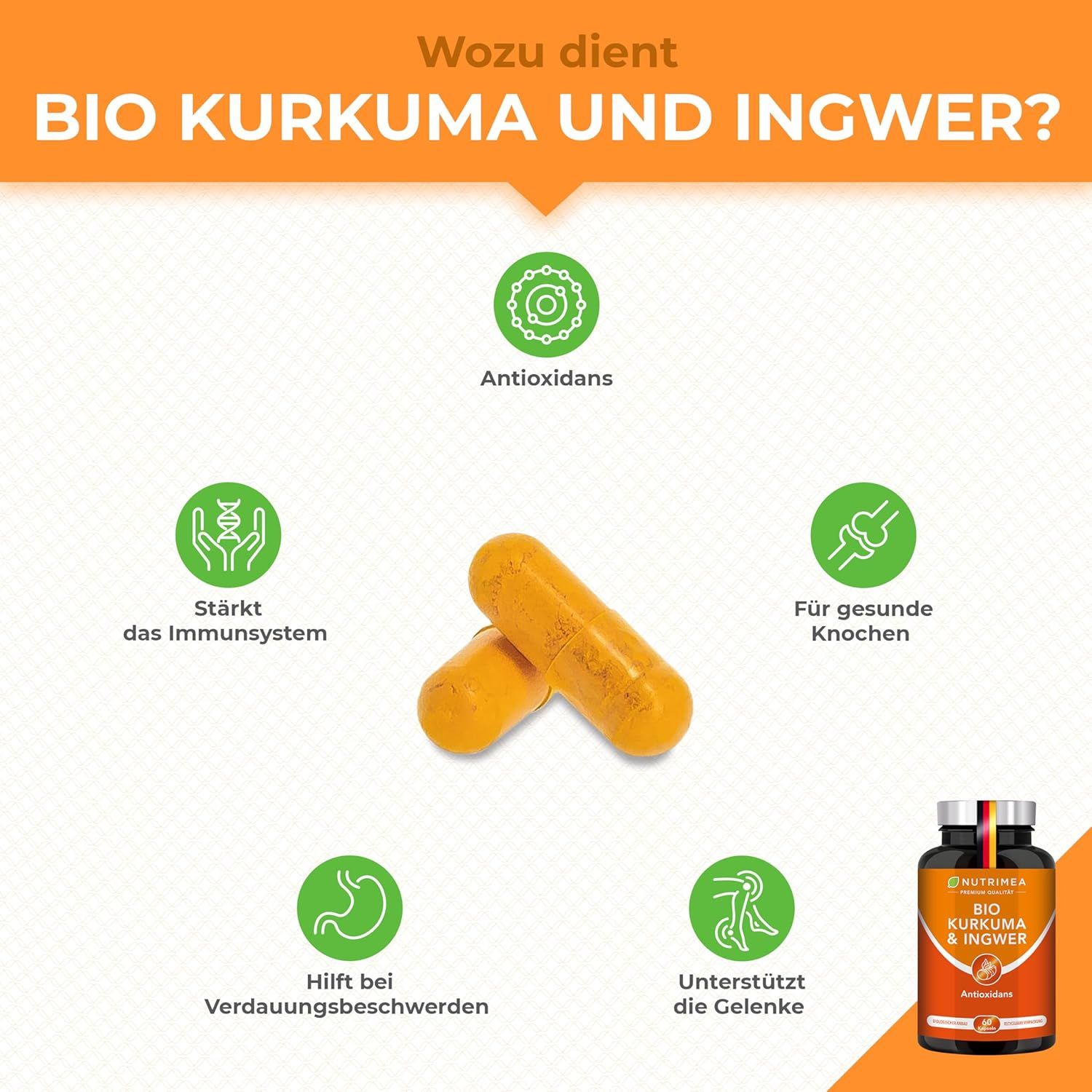 Due capsule gialle accanto a infografica. Temi: antiossidanti, sistema immunitario, ossa, digestione, articolazioni. Flacone in un angolo.