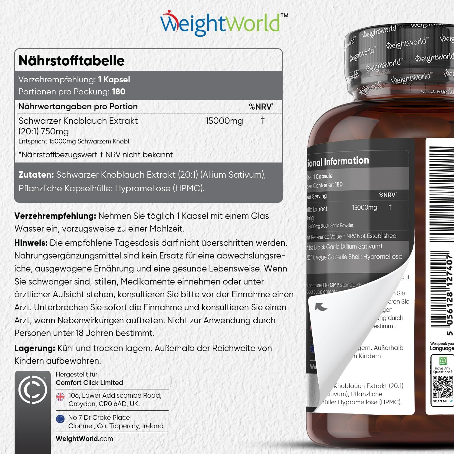 Tabella nutrizionale e informazioni sulle capsule di aglio nero. Bottiglia di capsule sullo sfondo.