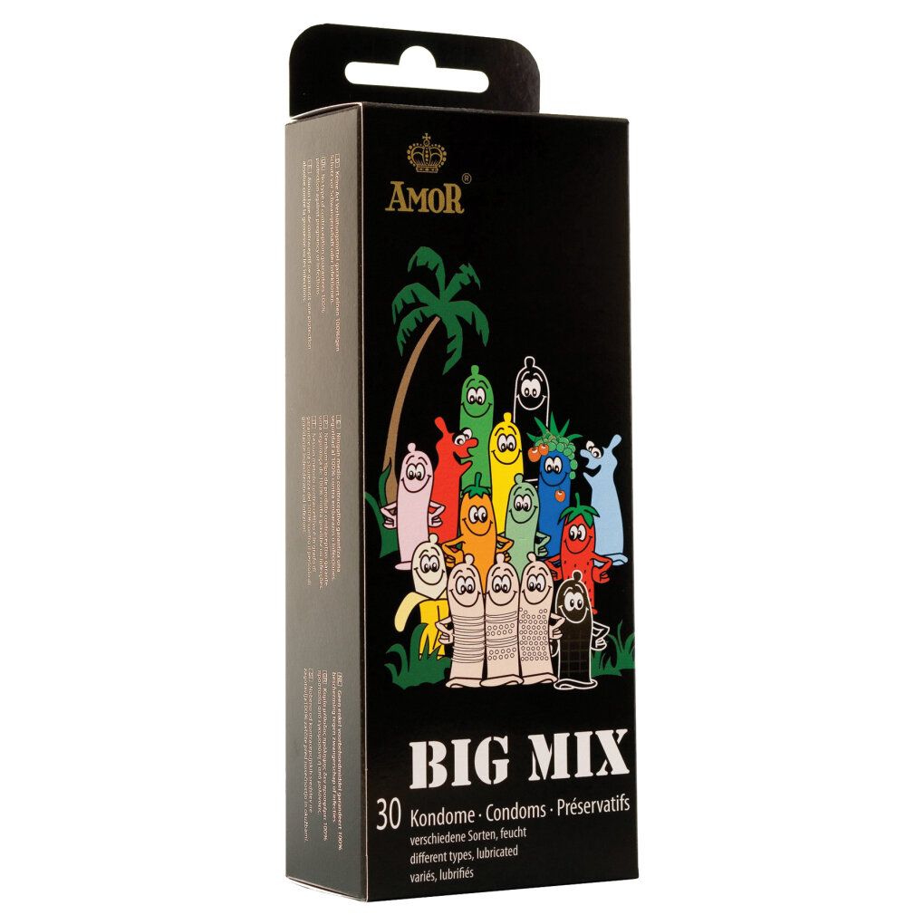 Scatola nera Amor Big Mix. 30 preservativi. Vari gusti, lubrificati. Con gancio per appendere.