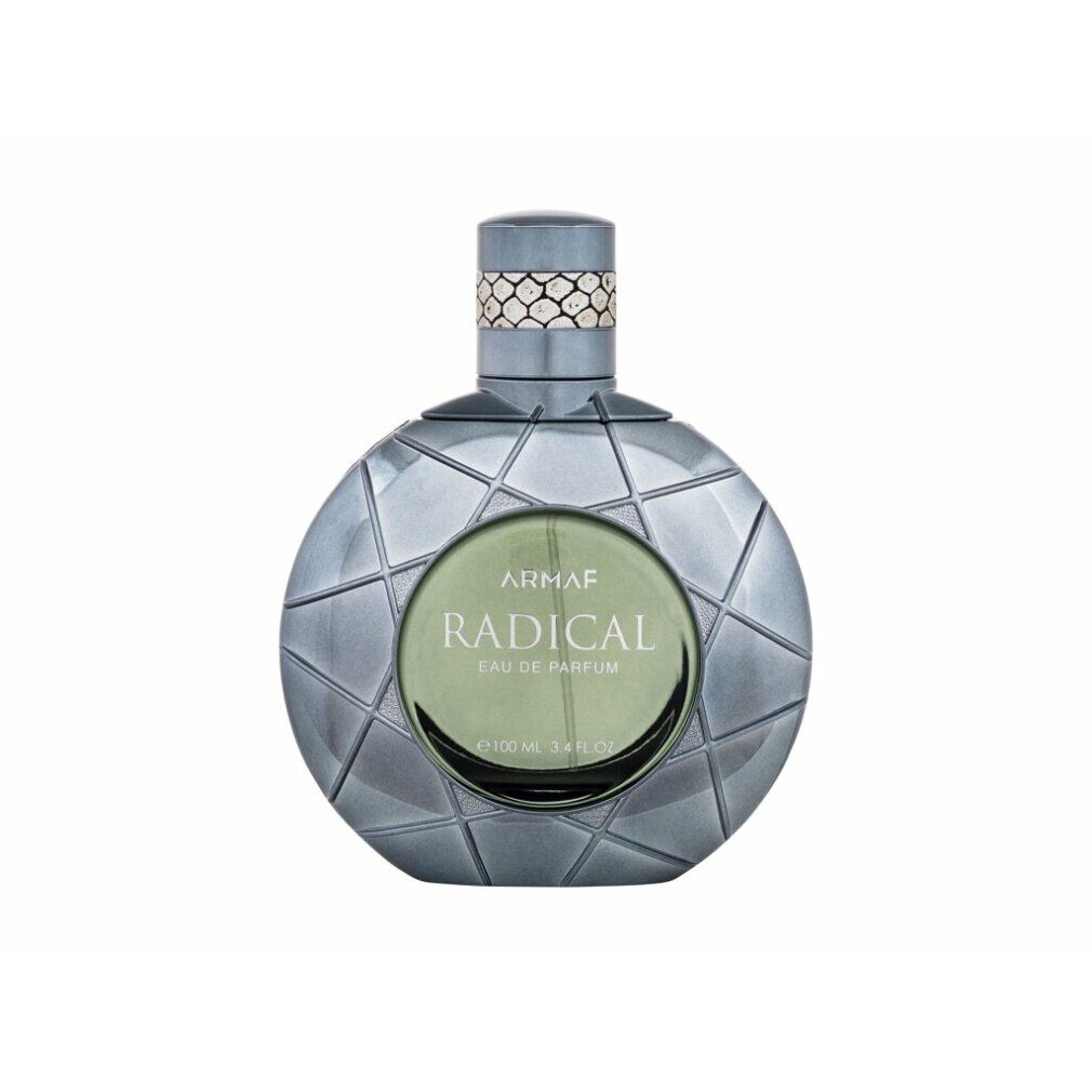Flacone rotondo con design geometrico. Scritta: ARMAF RADICAL Eau de Parfum. Tappo argentato.