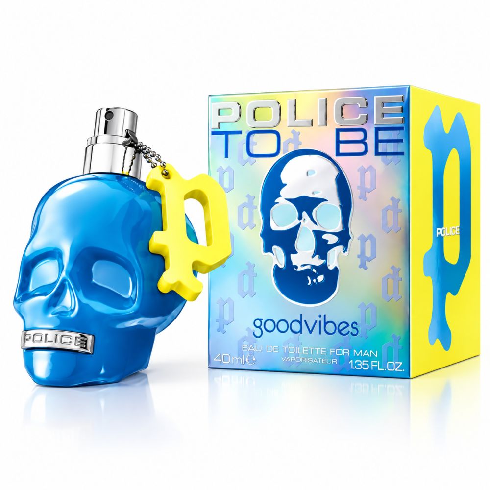 Police To Be Good Vibes Eau de Toilette for Man 40ml in flacone a forma di teschio blu con ciondolo giallo e scatola coordinata.