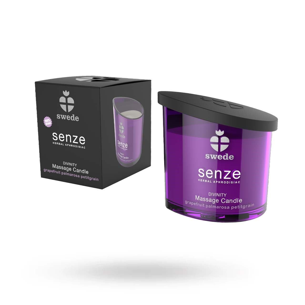 Candela e confezione. Scritta: swede, senze, Divinity Massage Candle, Grapefruit Palmarosa Petitgrain. Confezione nera.