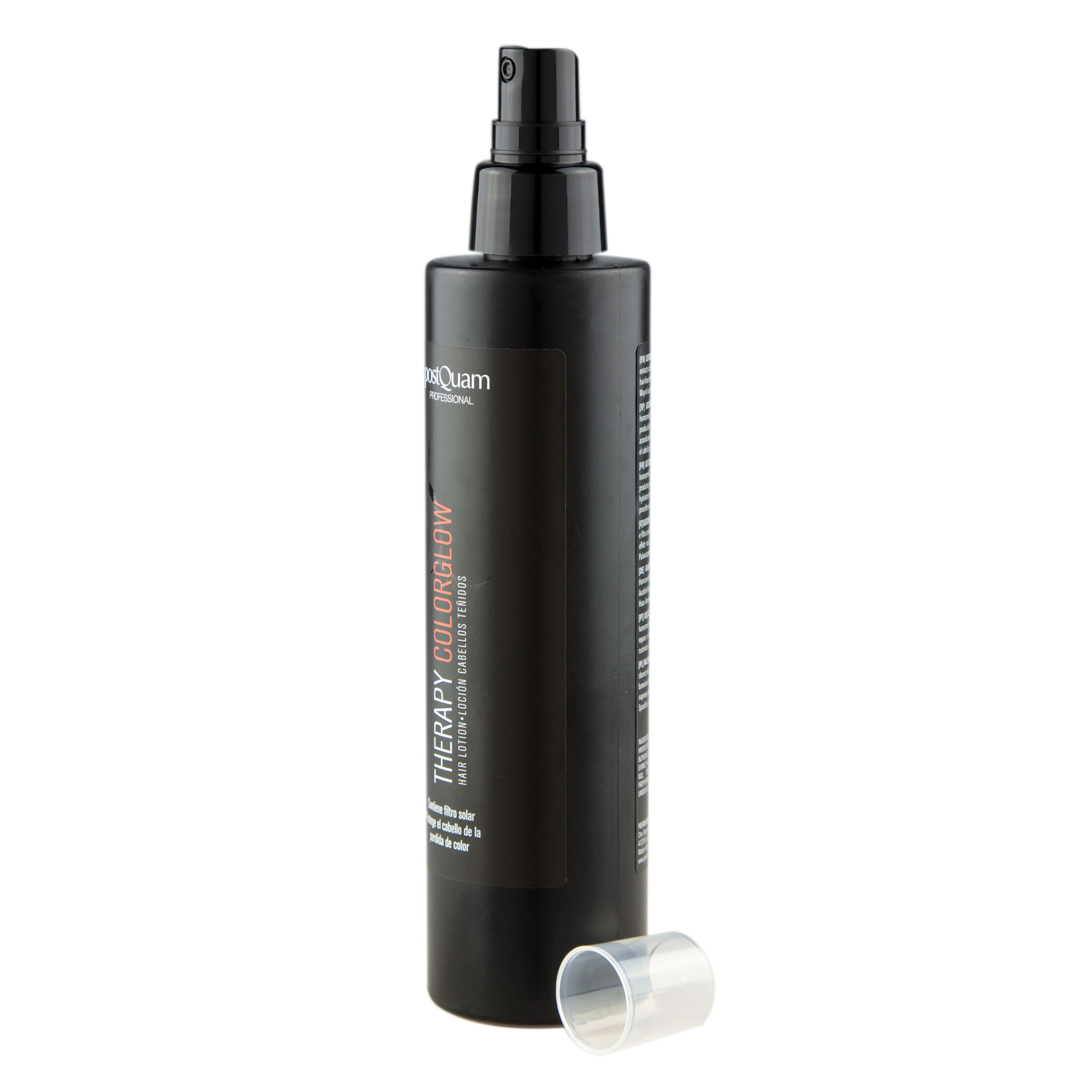 Flacone spray nero con "postQuam PROFESSIONAL" e "THERAPY COLORGLOW". Tappo accanto. Contiene filtro, protegge colore.