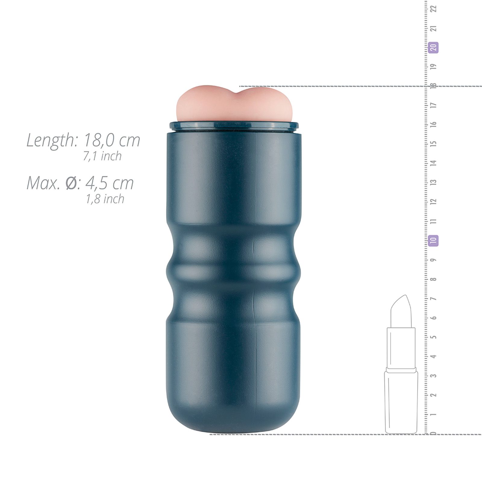 Prodotto blu con apertura rosa. Dimensioni: 18,0 cm lunghezza, 4,5 cm diametro max.