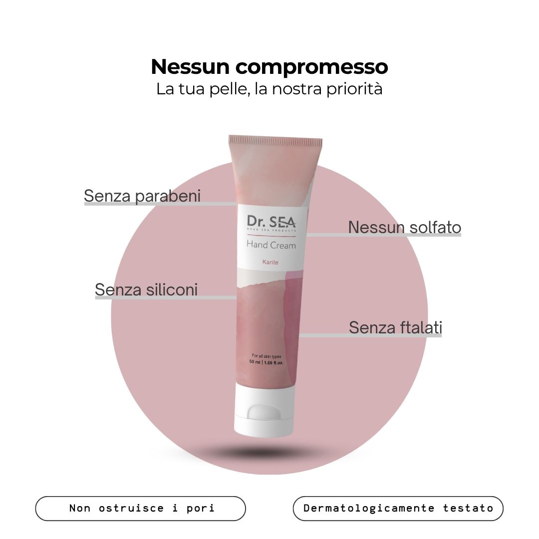 Tubo di crema mani rosa e bianco. Testo e illustrazioni. Senza parabeni, solfati, siliconi, ftalati.
