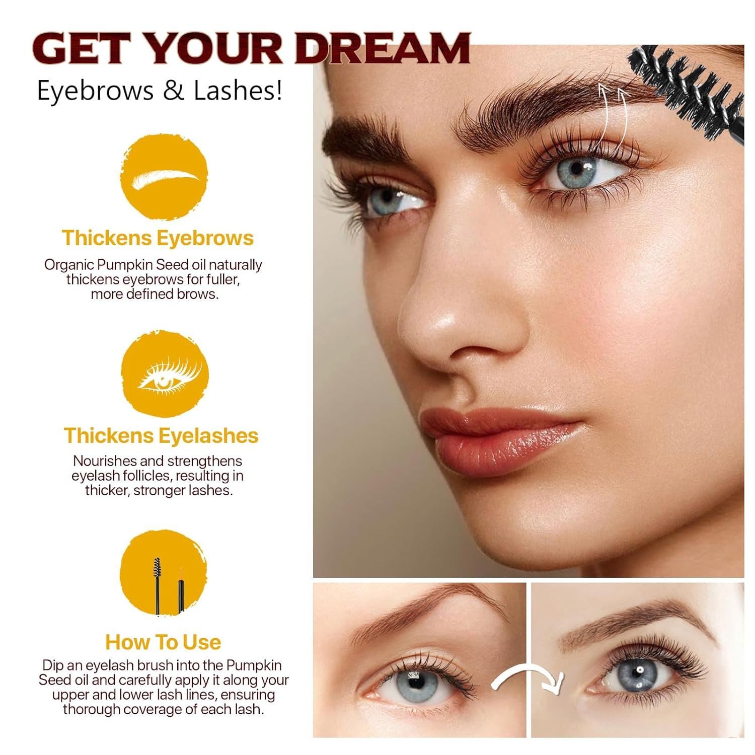 Donna con occhi e sopracciglia. Testo: GET YOUR DREAM Eyebrows & Lashes! Illustrazioni e testo su sopracciglia e ciglia.