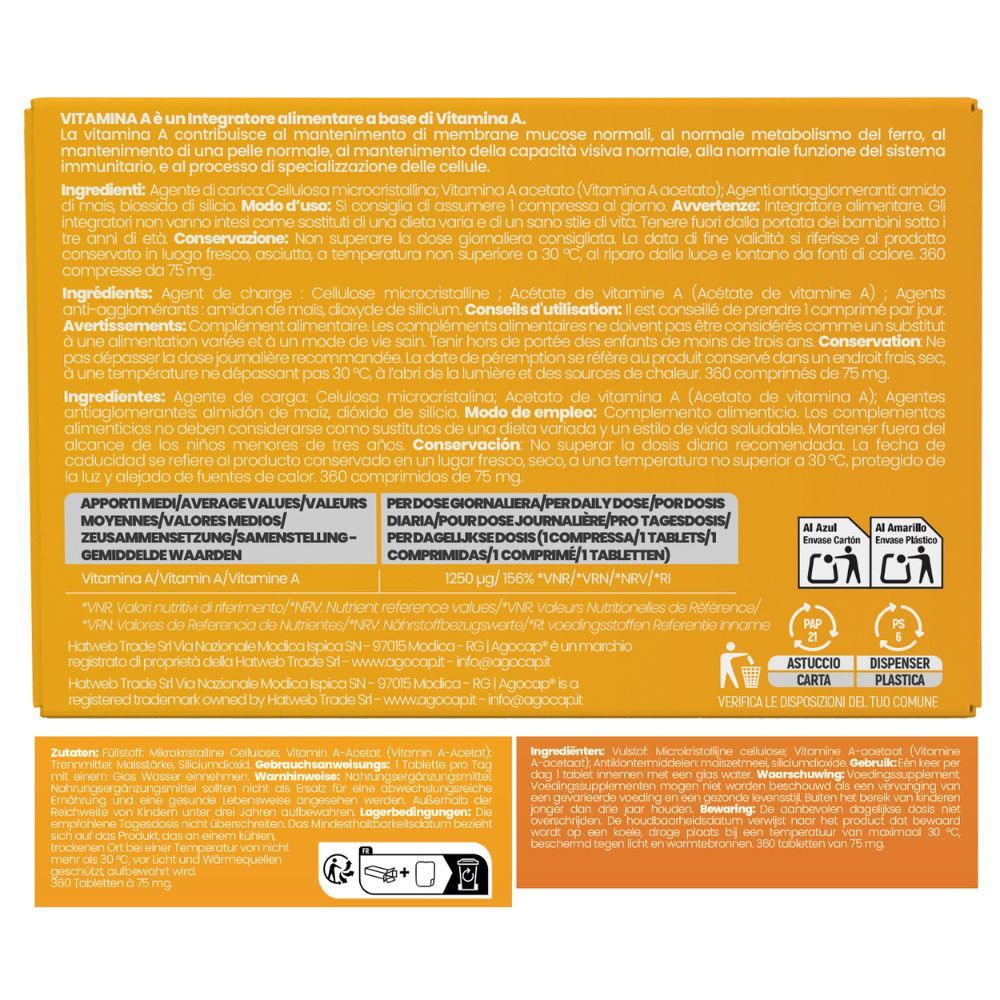 Retro della confezione. Contiene informazioni su ingredienti, dosaggio, avvertenze e valori nutrizionali.