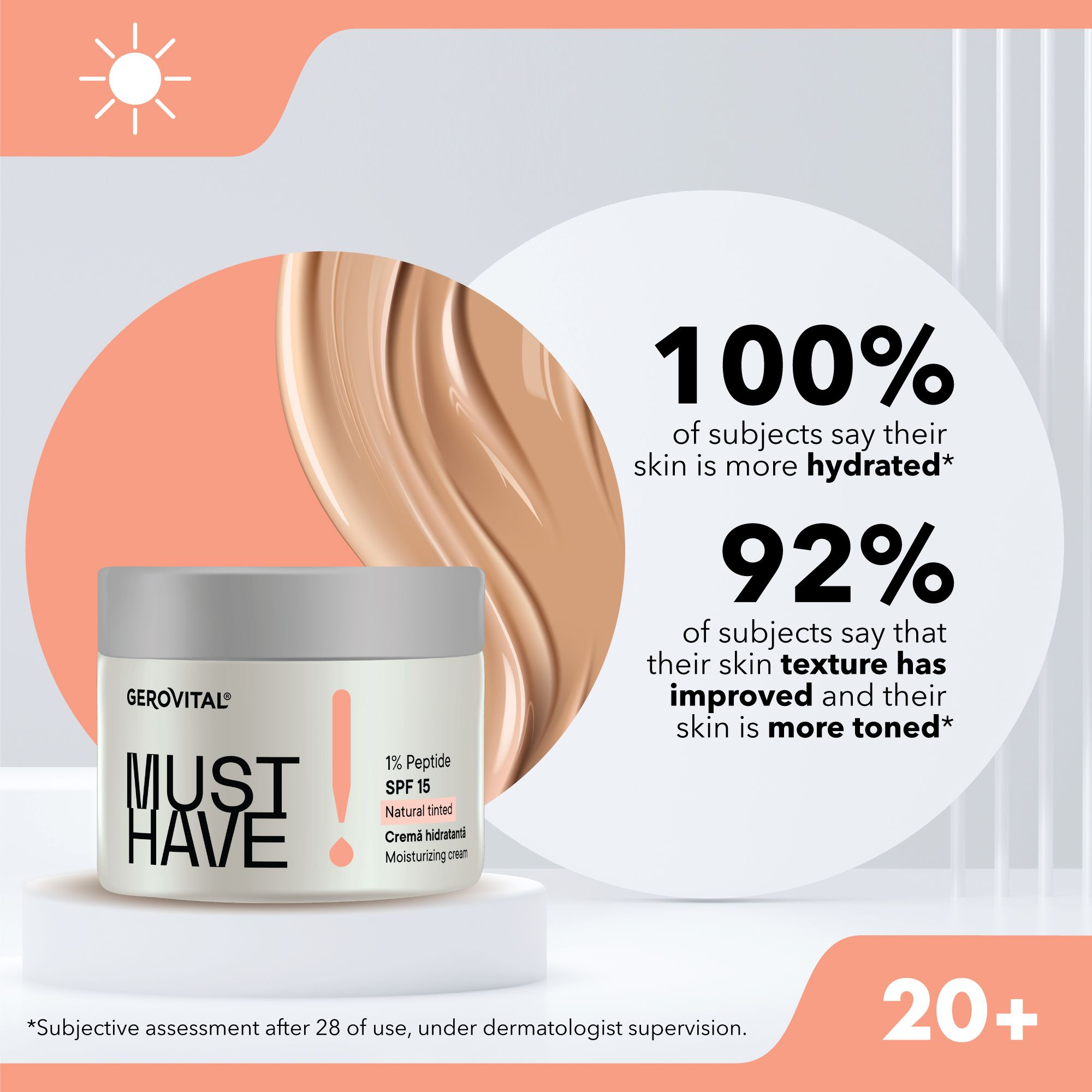 Vasetto di crema su piedistallo. Testo: 100% dei soggetti afferma che la propria pelle è più idratata, il 92% che la texture è migliorata. Crema.