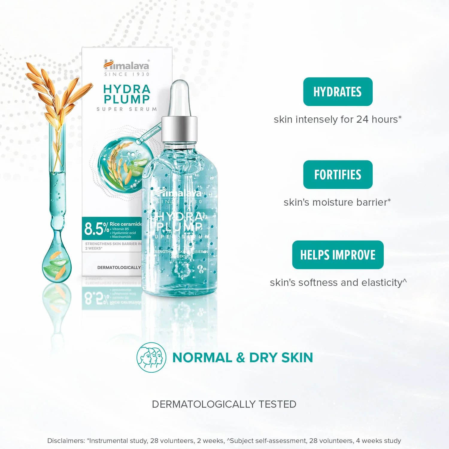 Flacone di siero con pipetta. Scritta: Hydra Plump Super Serum. Proprietà: idrata, rafforza la barriera idratante, migliora l'elasticità.