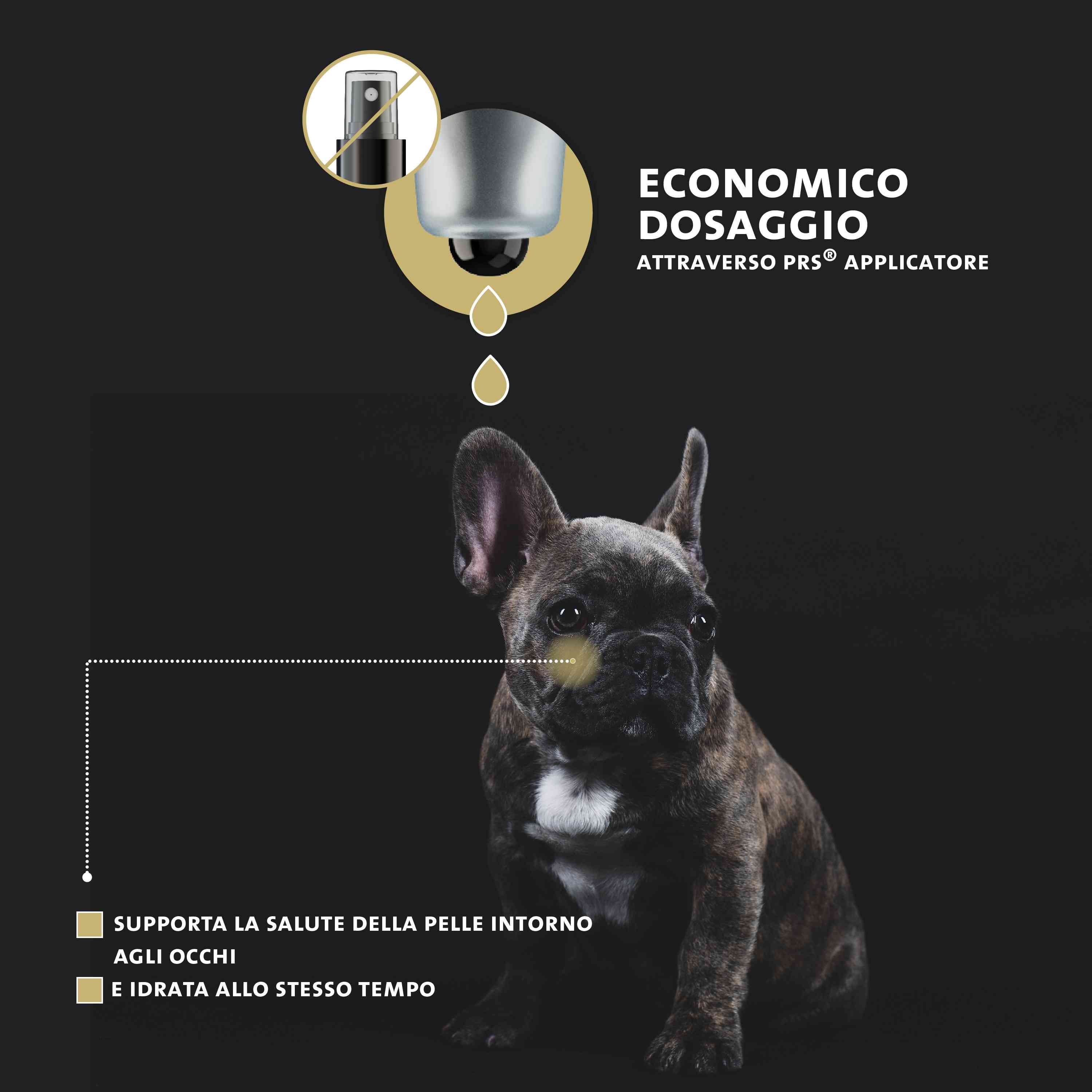 Cane con applicatore a goccia. Testo: Dosaggio economico. Supporta la salute della pelle.
