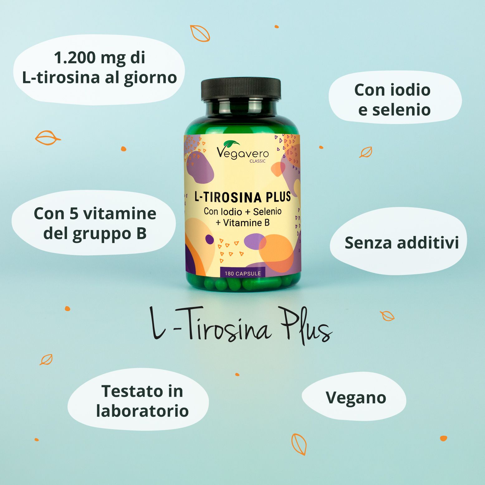 Flacone verde con etichetta prodotto. Informazioni aggiuntive intorno al flacone. Sigillo vegano.