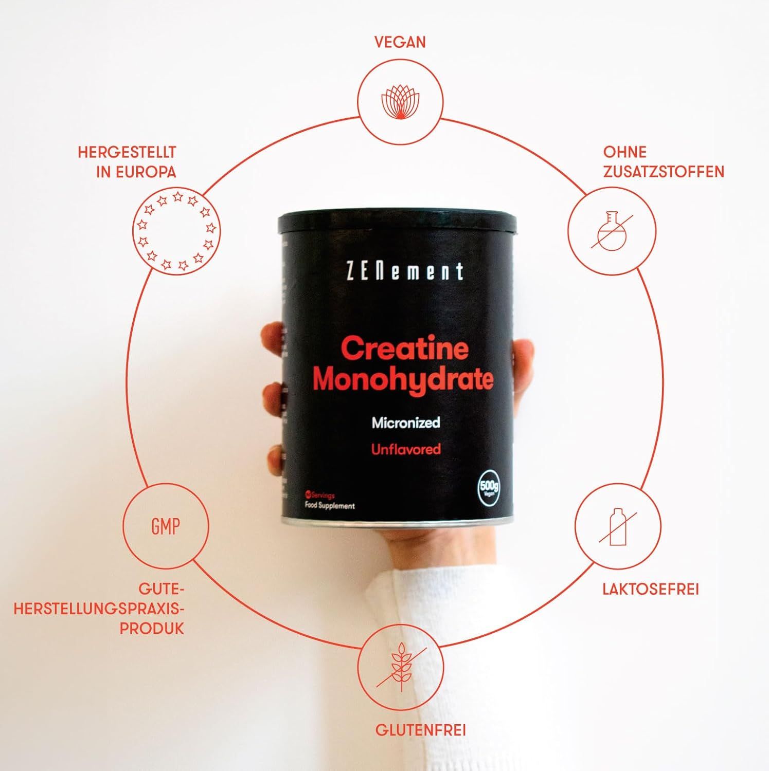 Barattolo nero di Zenement Creatina Monoidrato. Testo: Micronized, Unflavored. Vegano, senza additivi, senza lattosio, senza glutine, GMP.