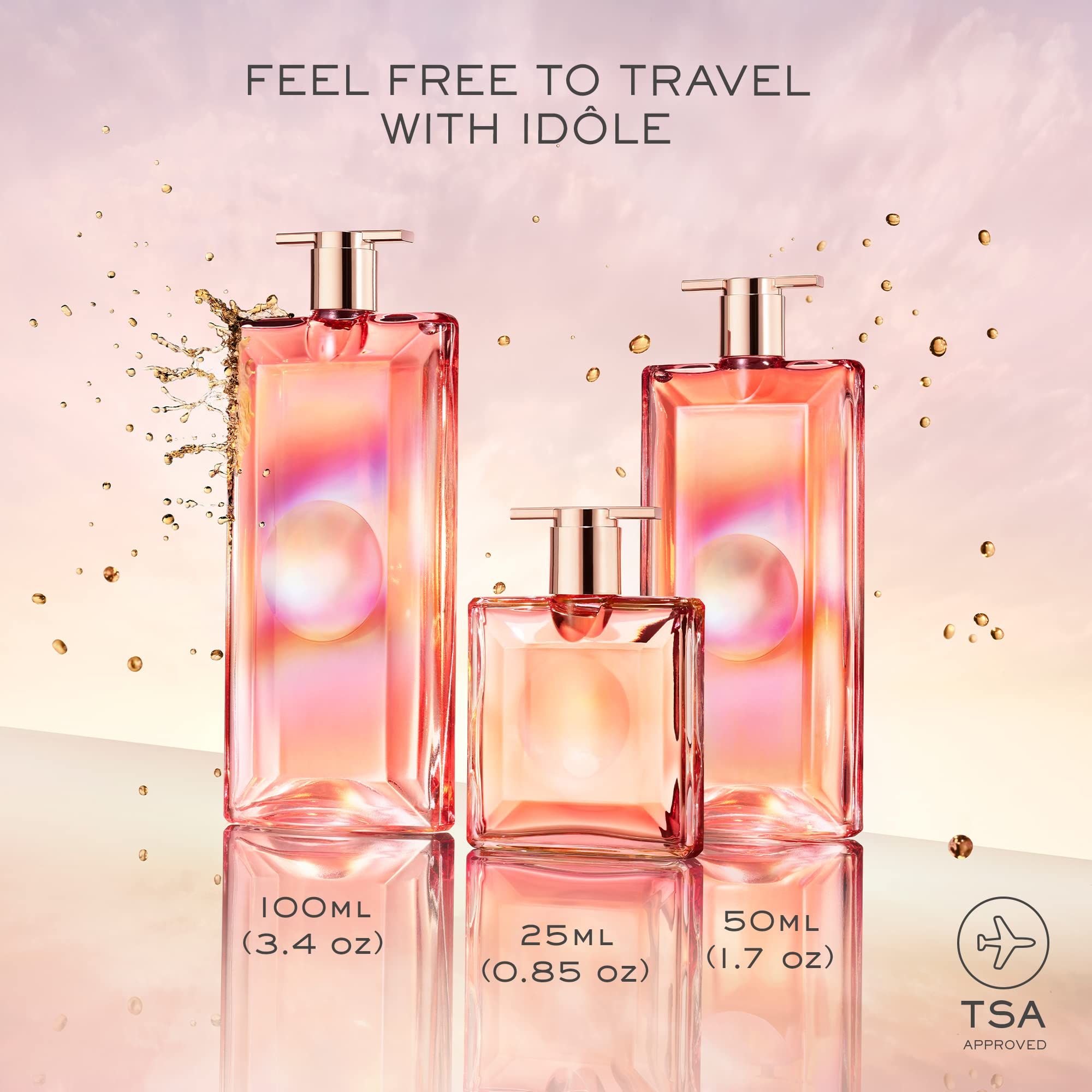 Tre flaconi di diverse dimensioni. Etichette: 100ml, 25ml, 50ml. Simbolo di approvazione TSA.