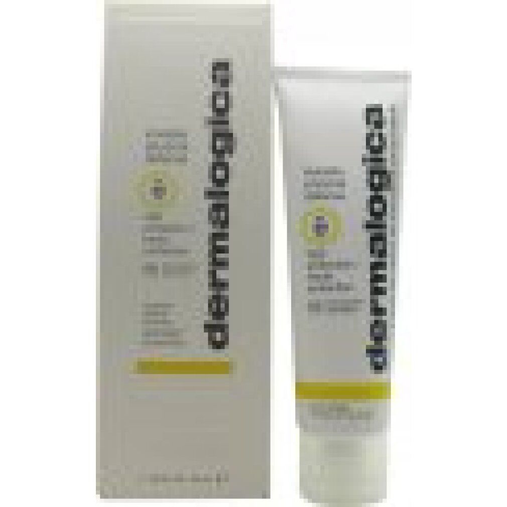 Tubo bianco e scatola. Testo: Invisible Physical Defense, SPF 30, Dermalogica. Scritta: broad spectrum & large spectre. Scatola con testo.