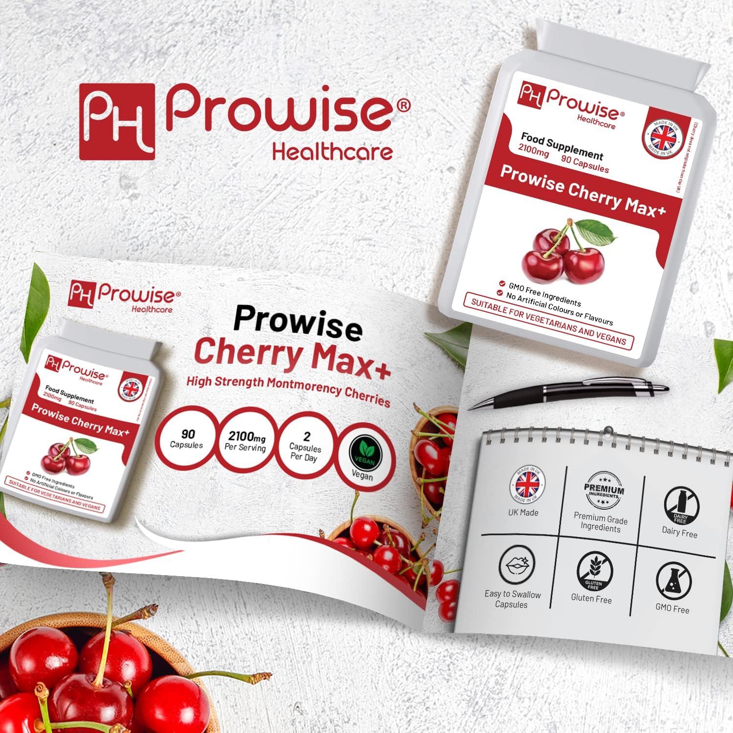 Confezione del prodotto con capsule. Scritta: Prowise Cherry Max+. Contiene 90 capsule. Prodotto nel Regno Unito. Adatto a vegetariani e vegani.