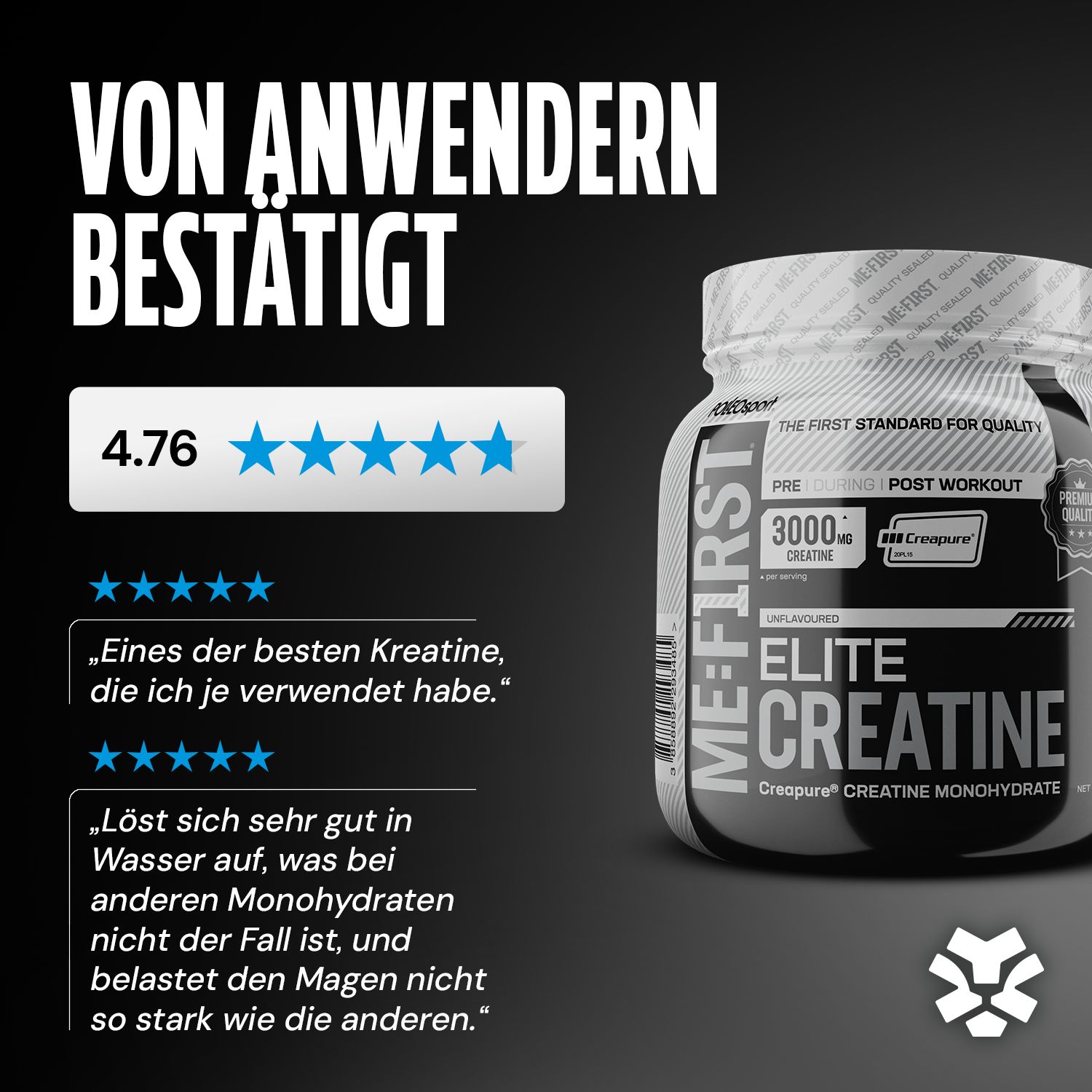 Barattolo Polleo Elite Creatine. Testo: Confermati dagli utenti, valutazione a 4,76 stelle. Citazione: Una delle migliori creatina che abbia mai usato.