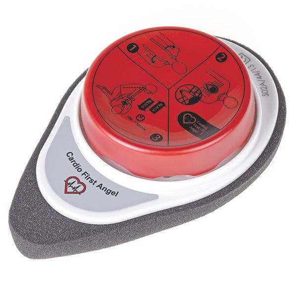 Cardio First Angel. Pulsante rosso con istruzioni, cornice bianca, schiuma grigia. Testo: Cardio First Angel. Vista dall'alto.