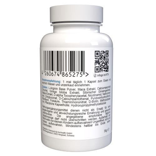 Retro di un flacone di capsule bianco. Codice a barre, codice QR e testo. Scritta: 260674865275. Testo in tedesco.