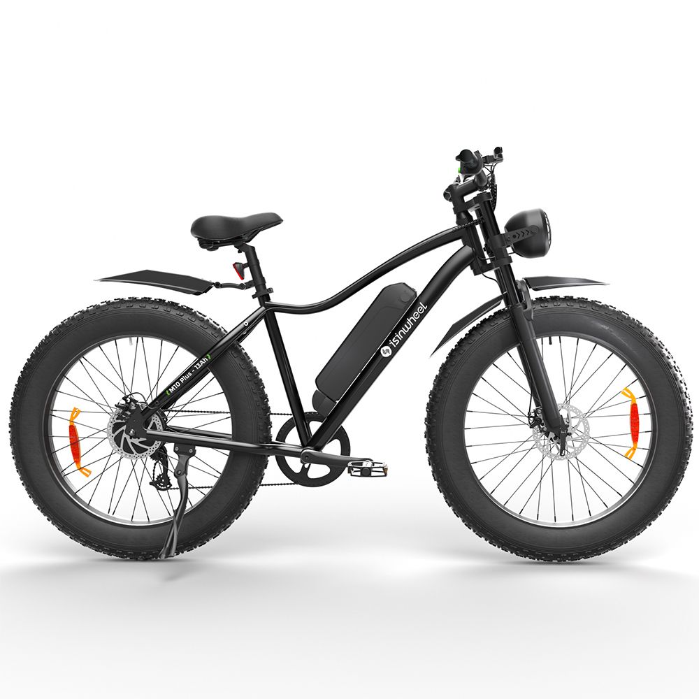 E-bike nera con pneumatici larghi, parafanghi e faro. Marchio: isinwheel.