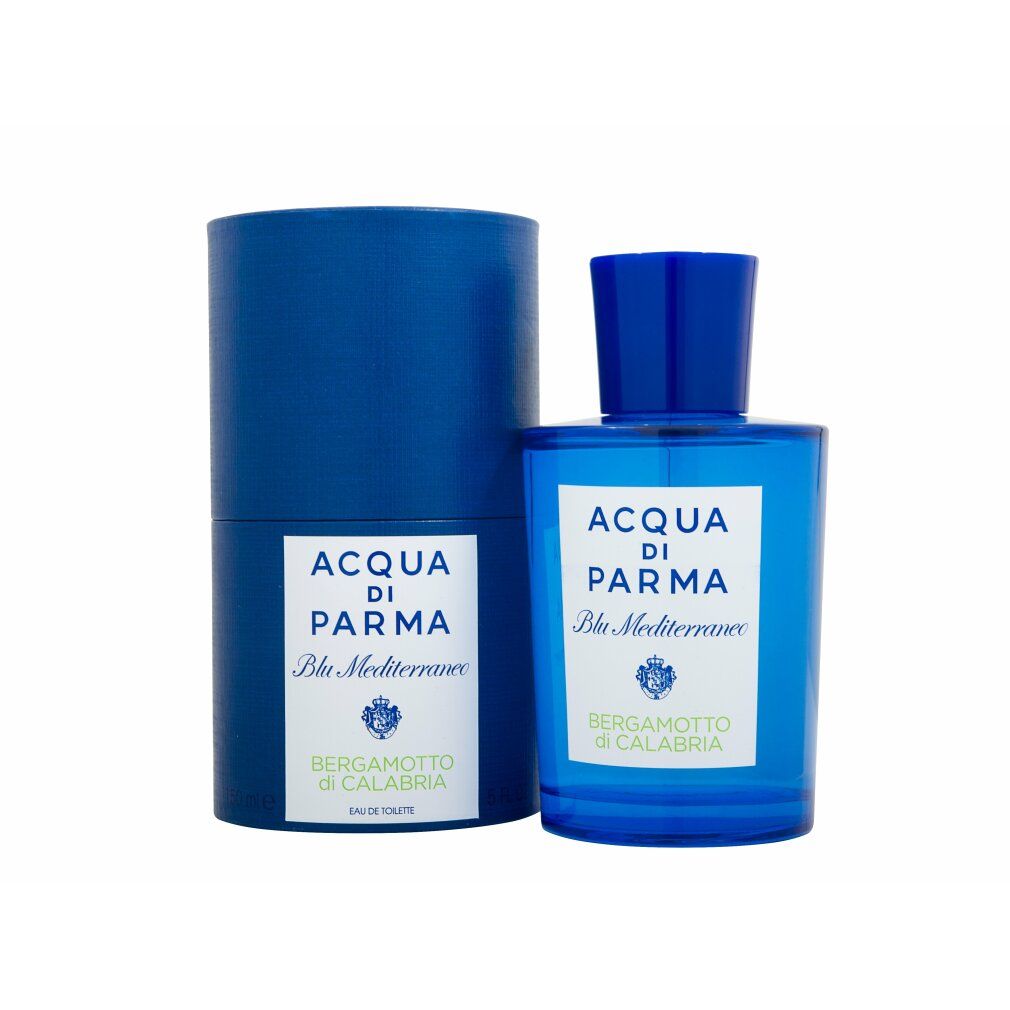 Flacone di profumo blu e confezione. Scritta: Acqua Di Parma Blu Mediterraneo Bergamotto di Calabria.