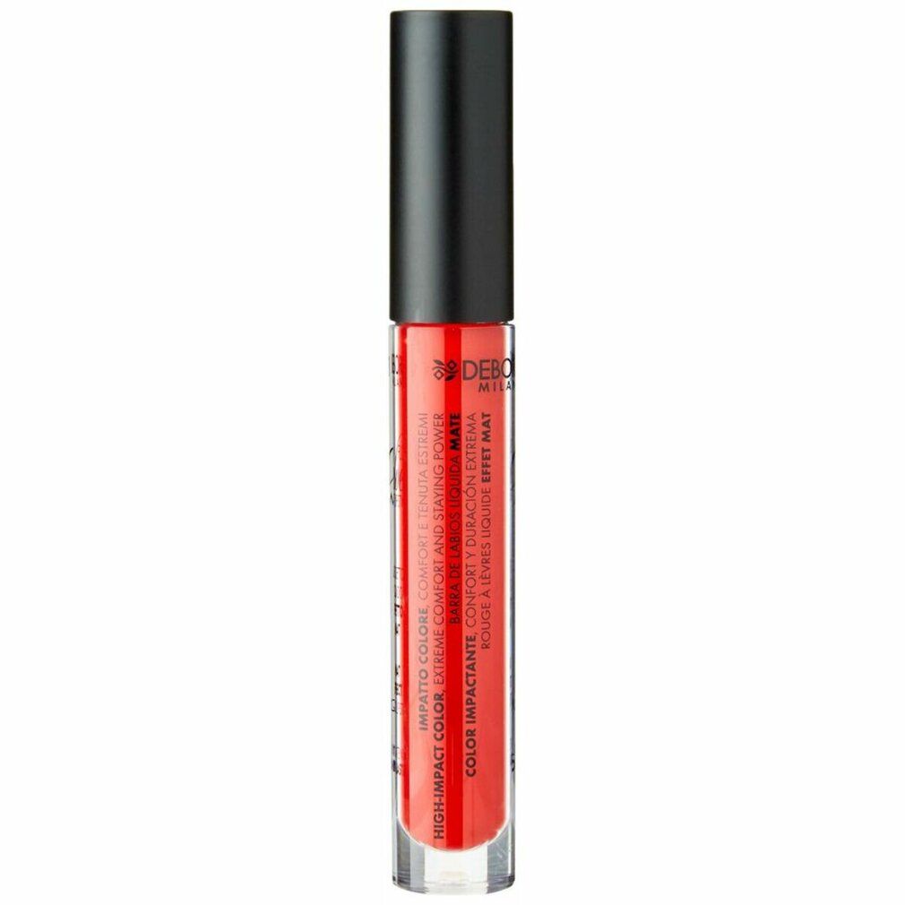 Rossetto liquido rosso. Tappo nero, contenitore trasparente. Marchio: Deborah Milano. Testo sul contenitore.