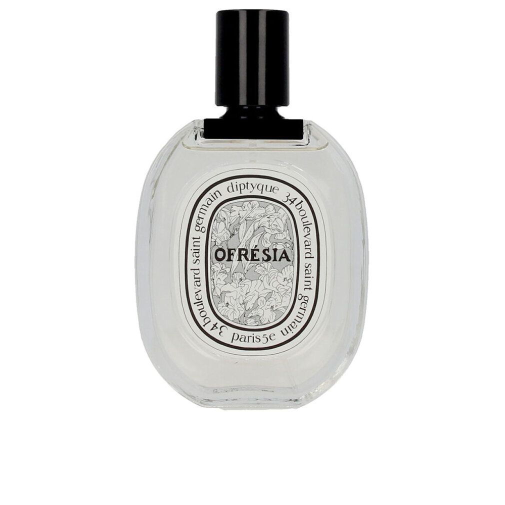 Flacone di profumo con tappo nero. Contenitore ovale con etichetta bianca e motivo floreale. Testo: Ofresia, Diptyque.