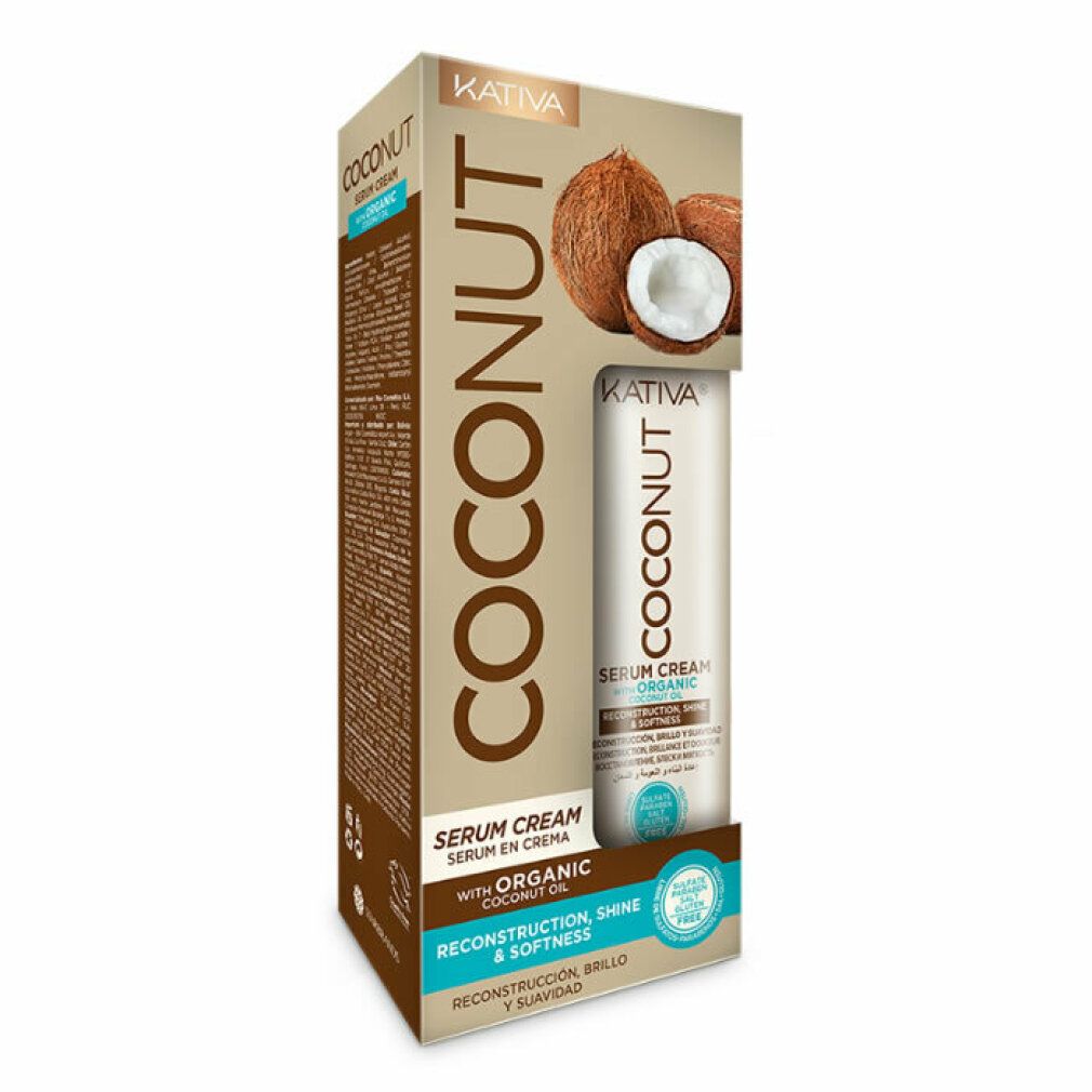Kativa Coconut Serum Cream in confezione. Immagine di noci di cocco. Scritta: Coconut, Serum Cream, Organic Oil.