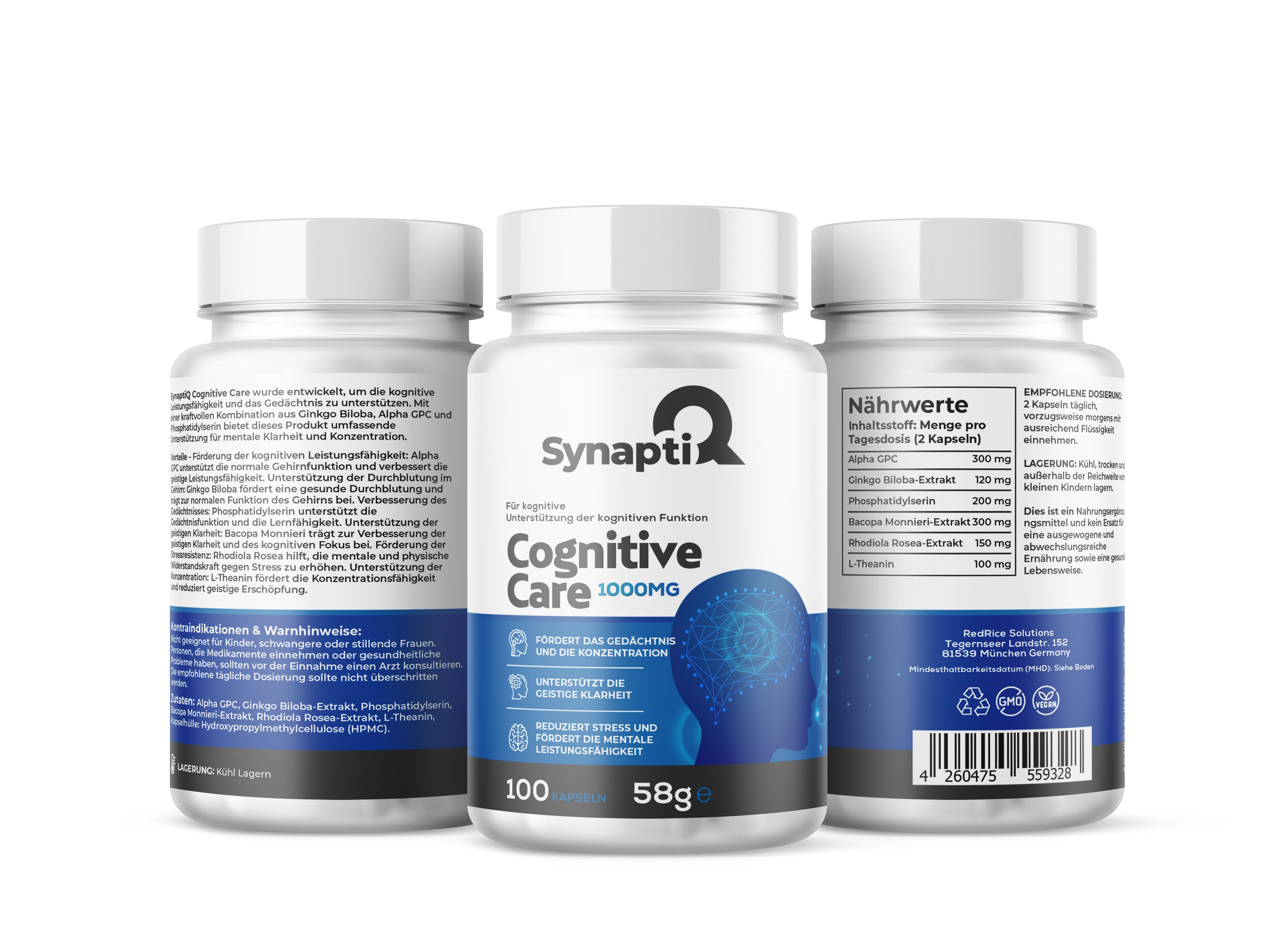 Tre flaconi bianchi SynaptiQ® Cognitive Care. Scritta: 1000mg, 100 capsule, 58g. Etichette blu con informazioni e codice a barre.