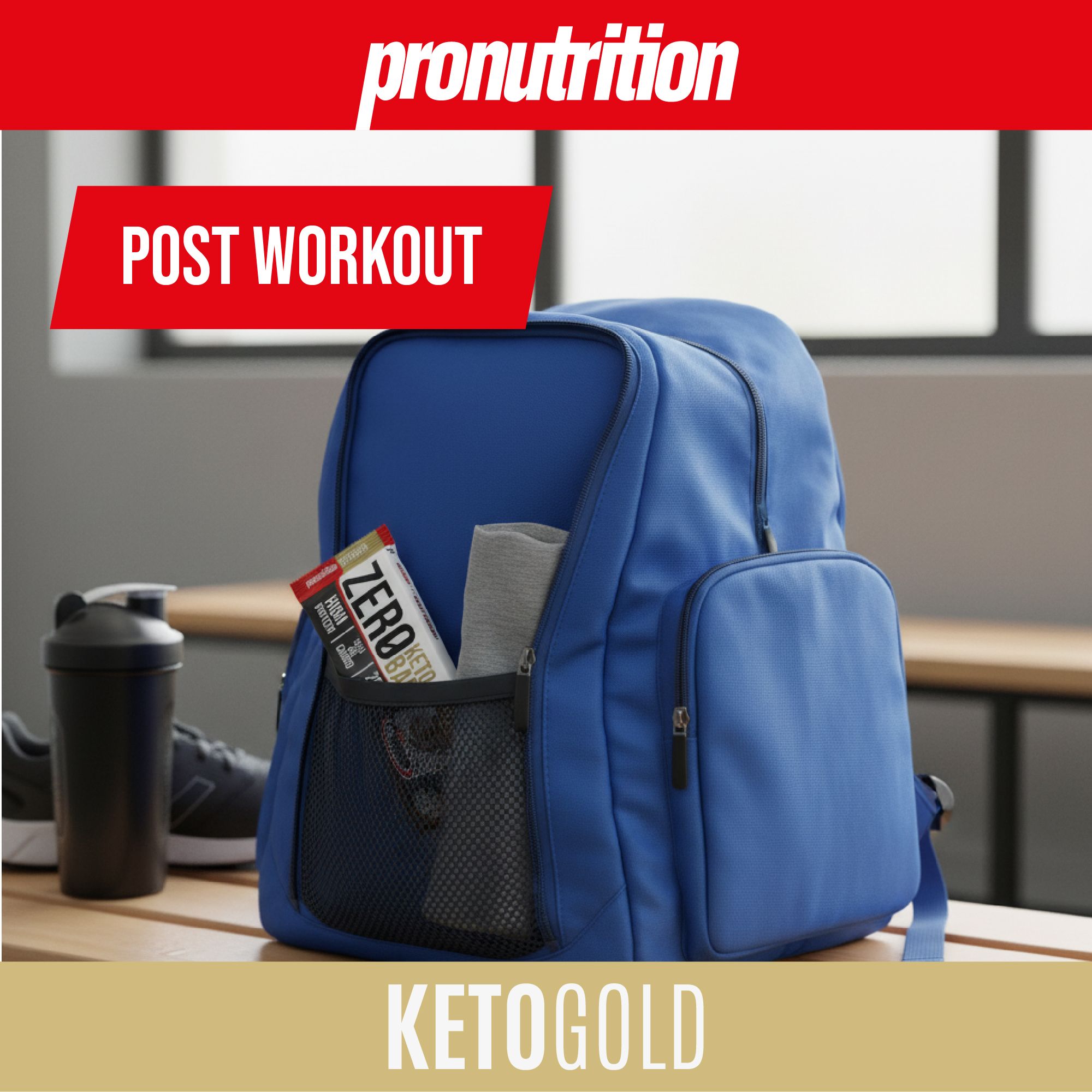 Barretta in zaino blu. Scritta: Zero Keto Bar, High Protein, Zero Gluten. Accanto: shaker e scarpe.