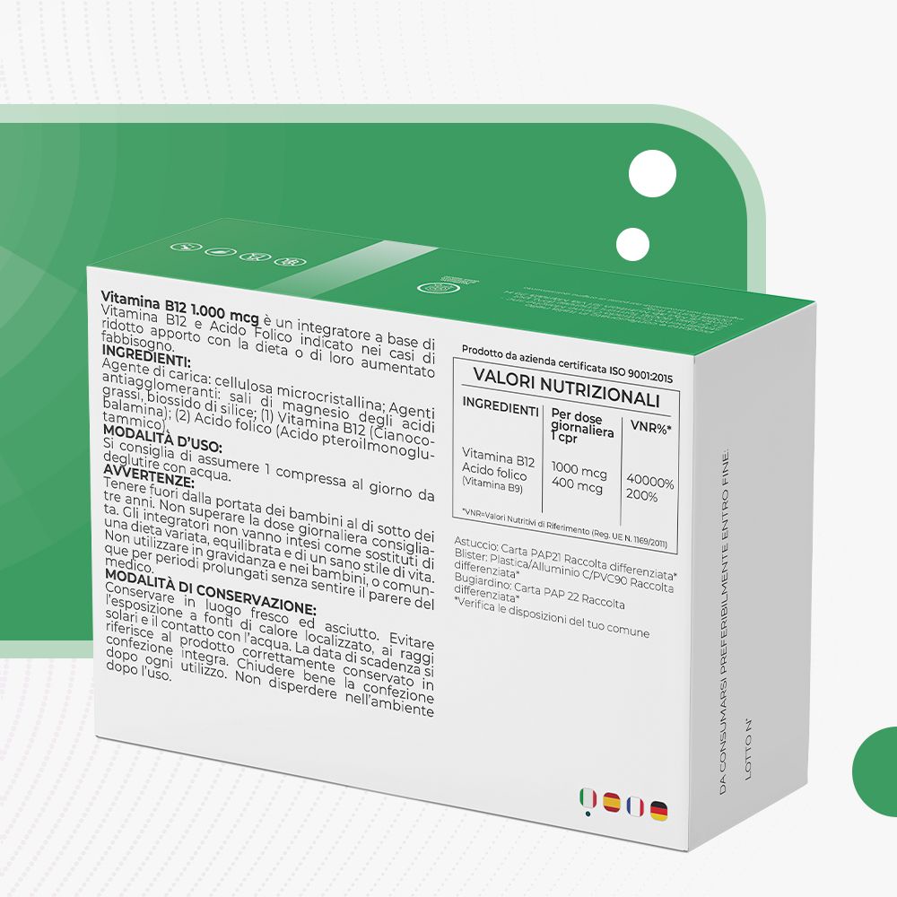 Retro della scatola verde con informazioni su ingredienti, istruzioni per l'uso e valori nutrizionali.