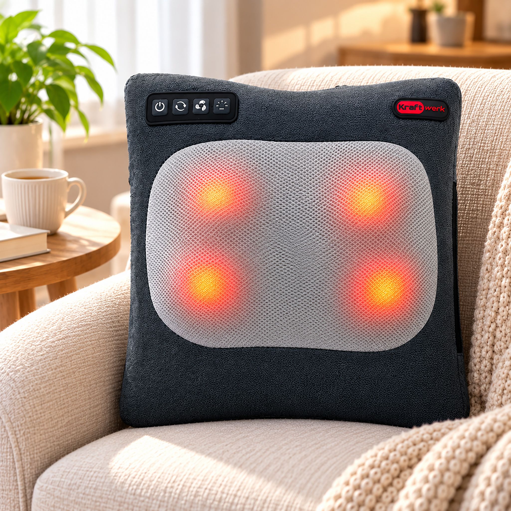 Cuscino massaggiante grigio con quattro testine Shiatsu rosse, posizionato su una poltrona.