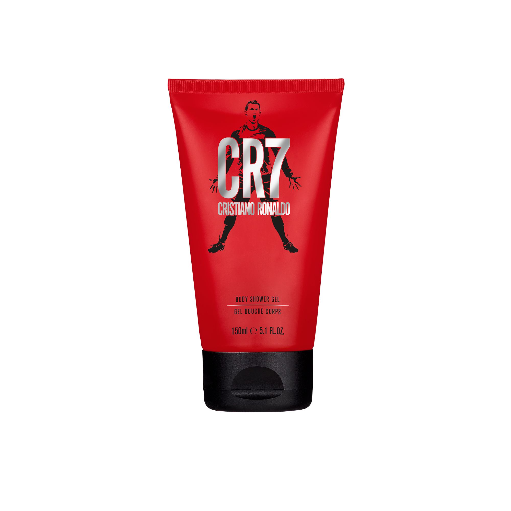 Tubo rosso con logo CR7 e Cristiano Ronaldo. Tappo nero. Testo nero su sfondo rosso.
