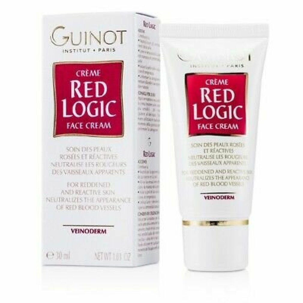 Confezione del prodotto con tubo e scatola. Stampa "Guinot Crème Red Logic Face Cream". Testo in francese e inglese.