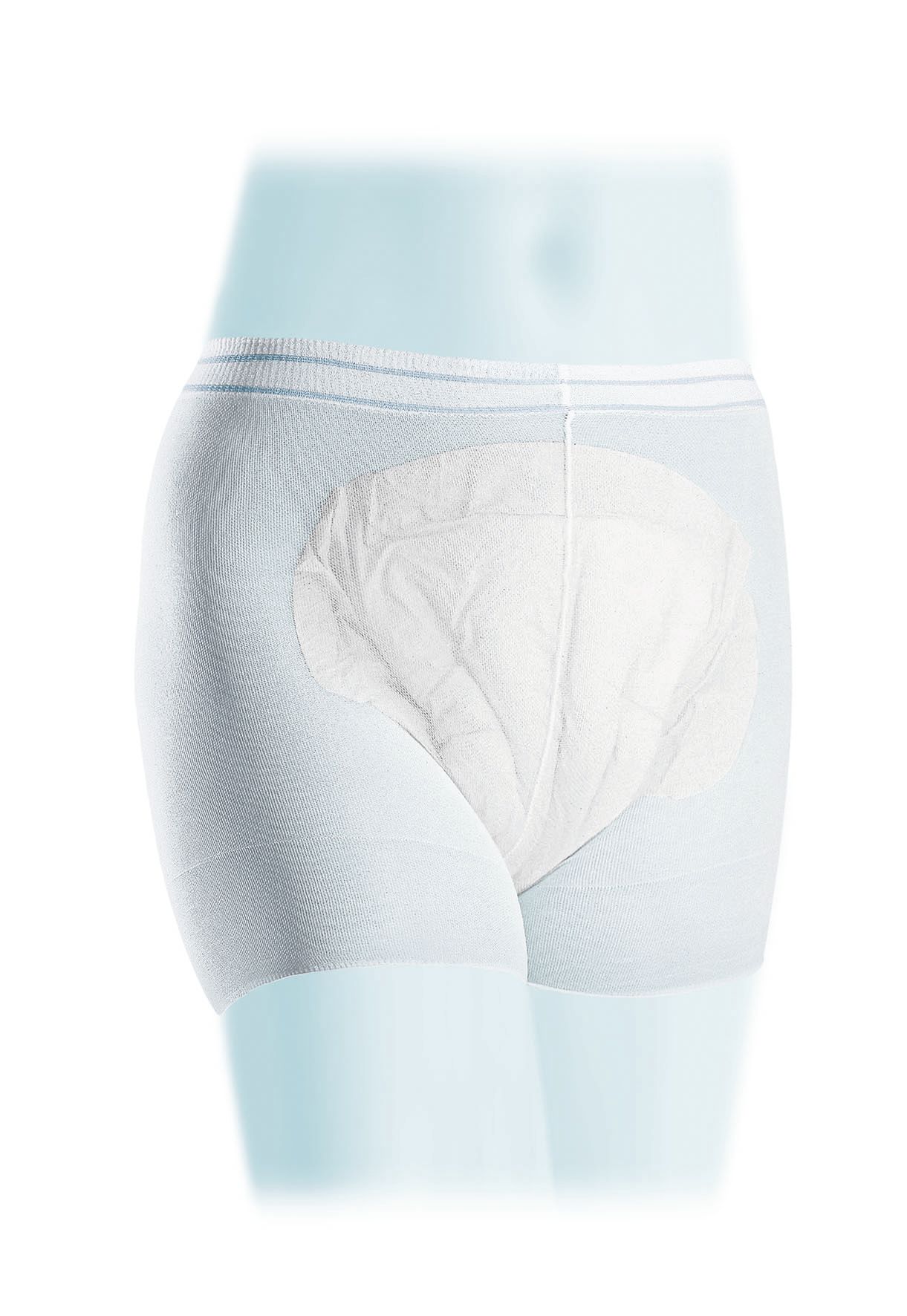 Mutandine di fissaggio bianche con assorbente. Taglia M. Fascia elastica.
