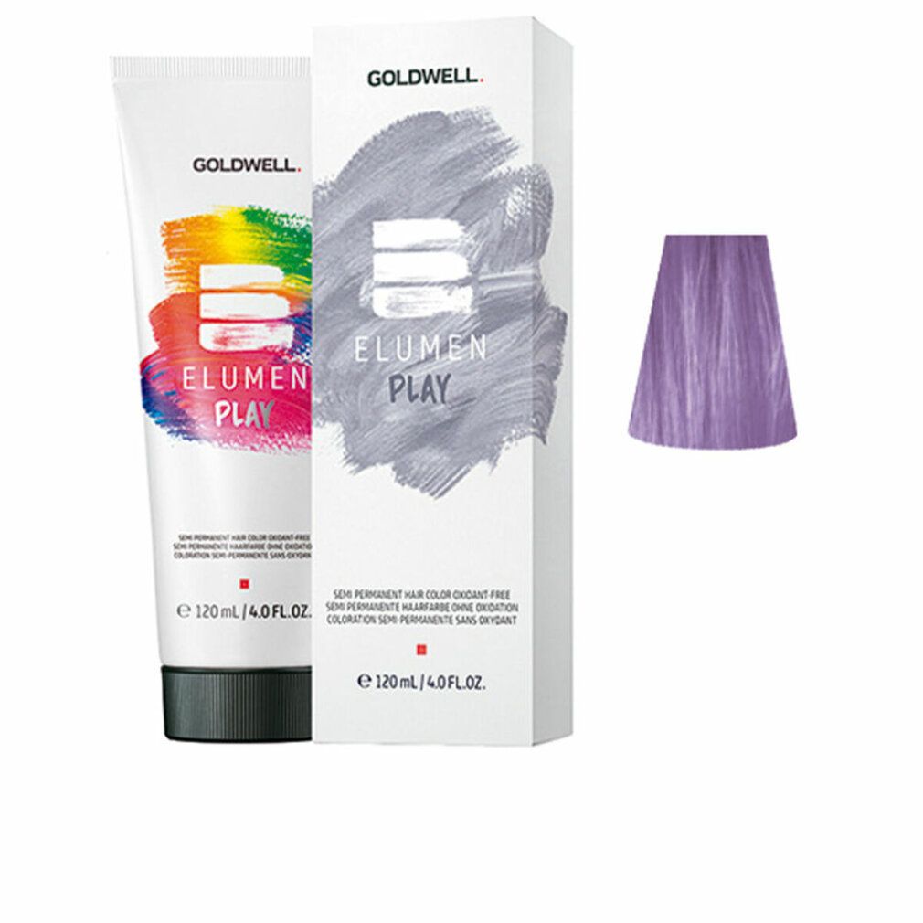 Colorazione semipermanente ELUMEN PLAY Goldwell lavanda. Tubo, scatola e ciocca di colore.