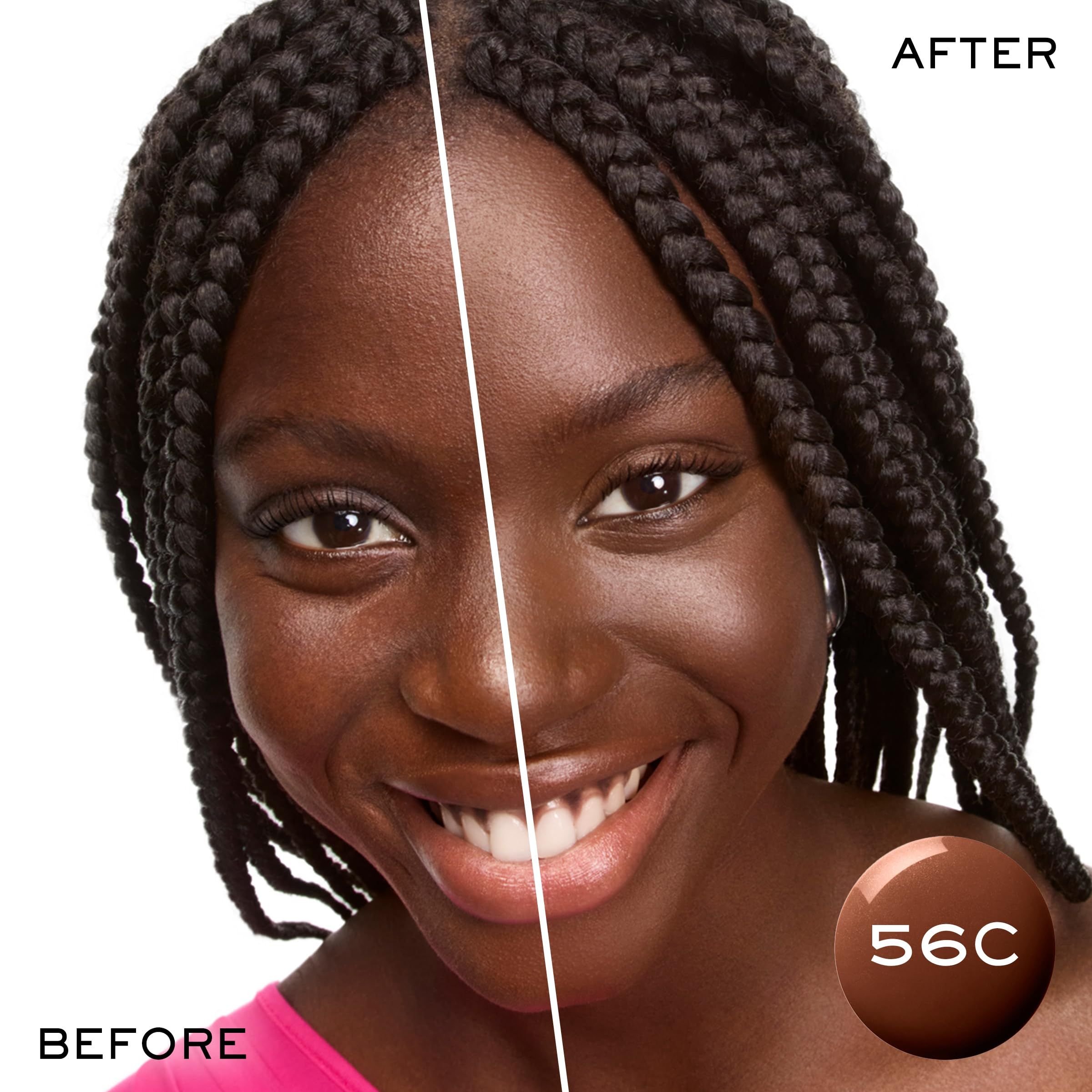 Confronto prima-dopo. Una donna con trecce. La pelle è più uniforme a destra. Tonalità 56C.