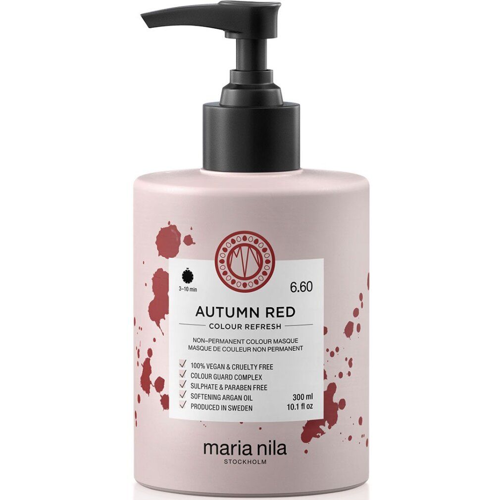 Maria Nila Autumn Red Colour Refresh flacone con erogatore. 300 ml. Flacone rosa con schizzi rossi.