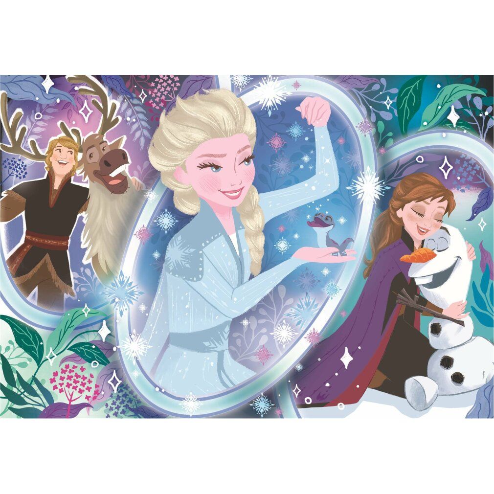 Puzzle con motivo Disney Frozen. 104 pezzi. Immagine di Elsa, Anna, Olaf, Kristoff e Sven. Marchio: Clementoni. Pezzi del puzzle.
