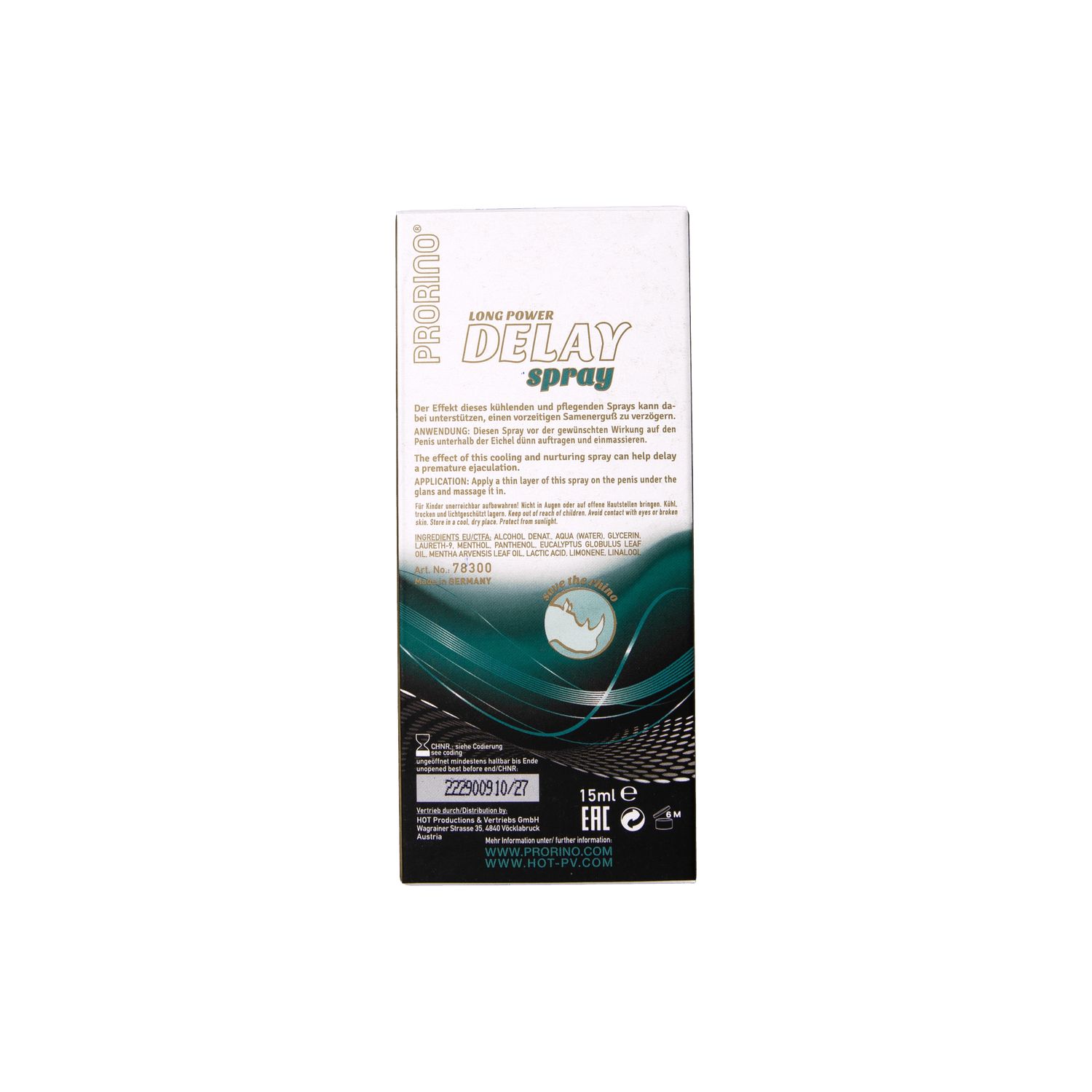 Retro della confezione. Testo e logo. Contiene informazioni sul prodotto. 15ml.